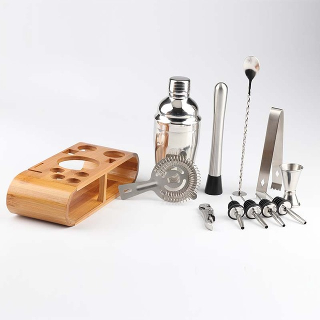 Stainless Steel Cocktail Shaker  with Wooden Stand for Home Bar Party